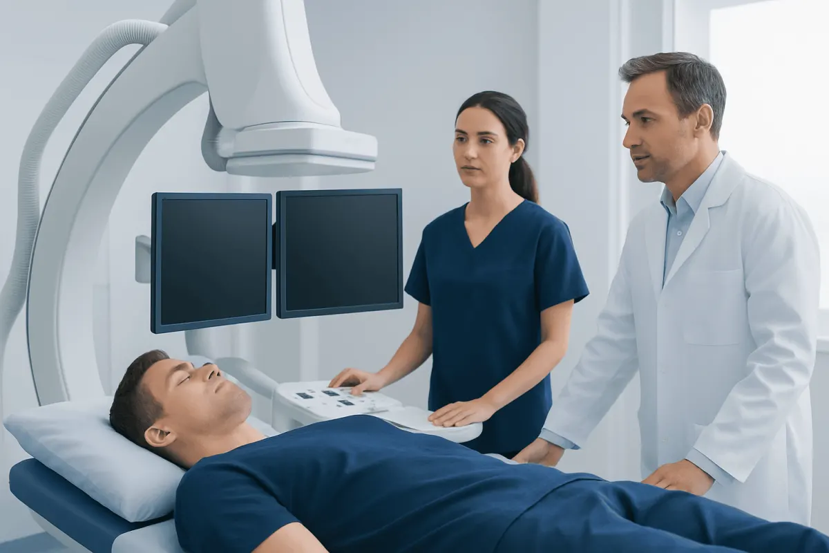 Medical team preparing patient for neuroimaging procedure at Acibadem Hospital.