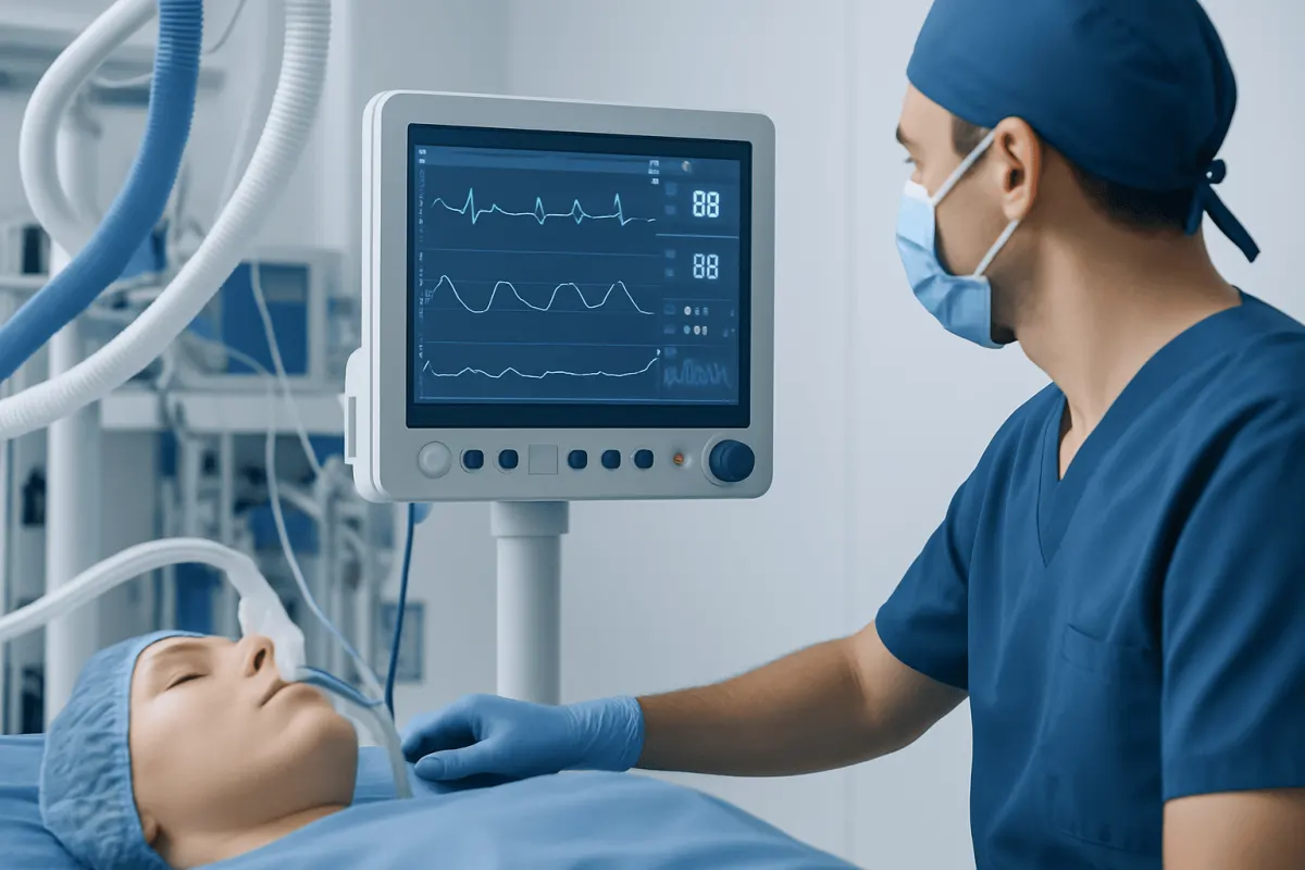 Medical professional monitoring patient with vital signs in hospital.
