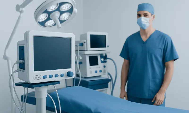 Medical professional in operating room with surgical equipment and monitors.
