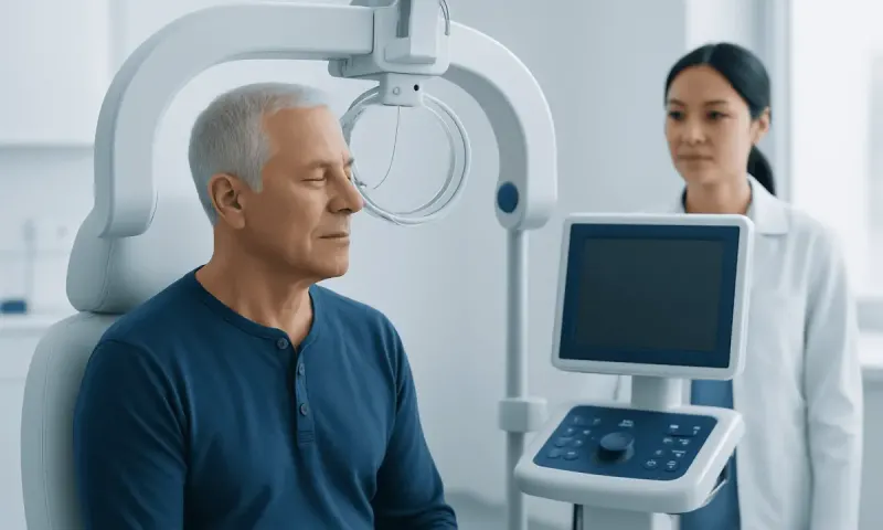 Senior man undergoing brain scan at Acibadem Hospital for Parkinson's diagnosis.