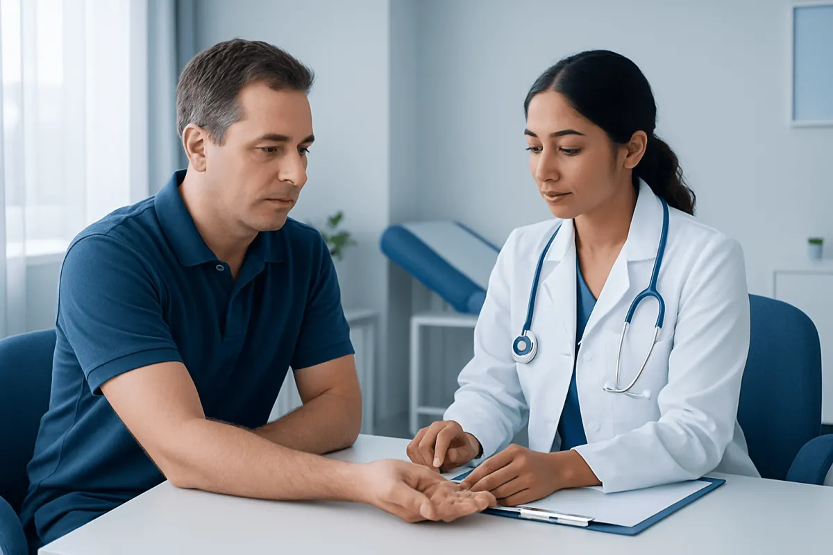 Doctor examining patient's wrist in a medical consultation room.