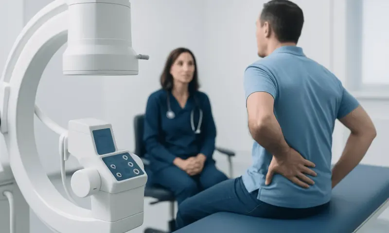 Patient consulting with doctor in a modern hospital setting.