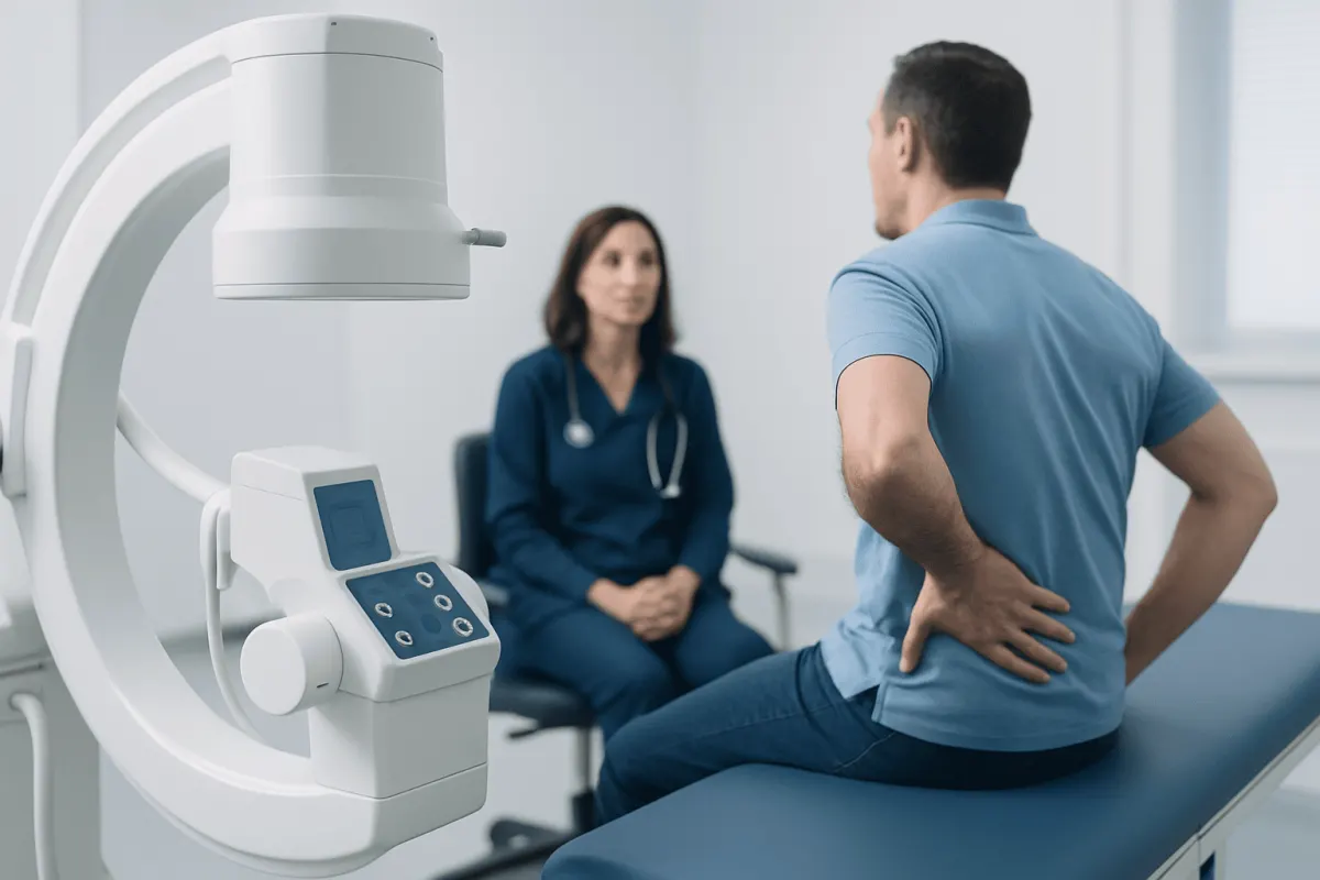 Patient consulting with doctor in a modern hospital setting.
