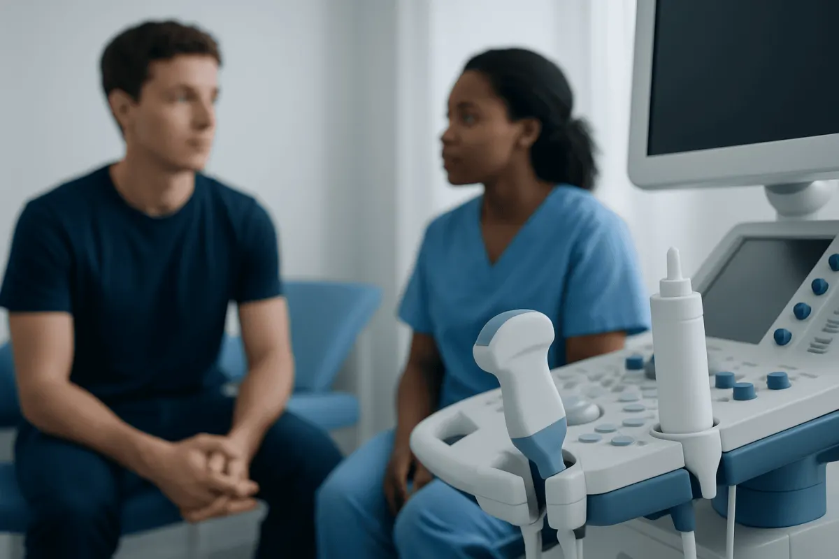 Doctor and patient discussing health in a medical clinic setting.