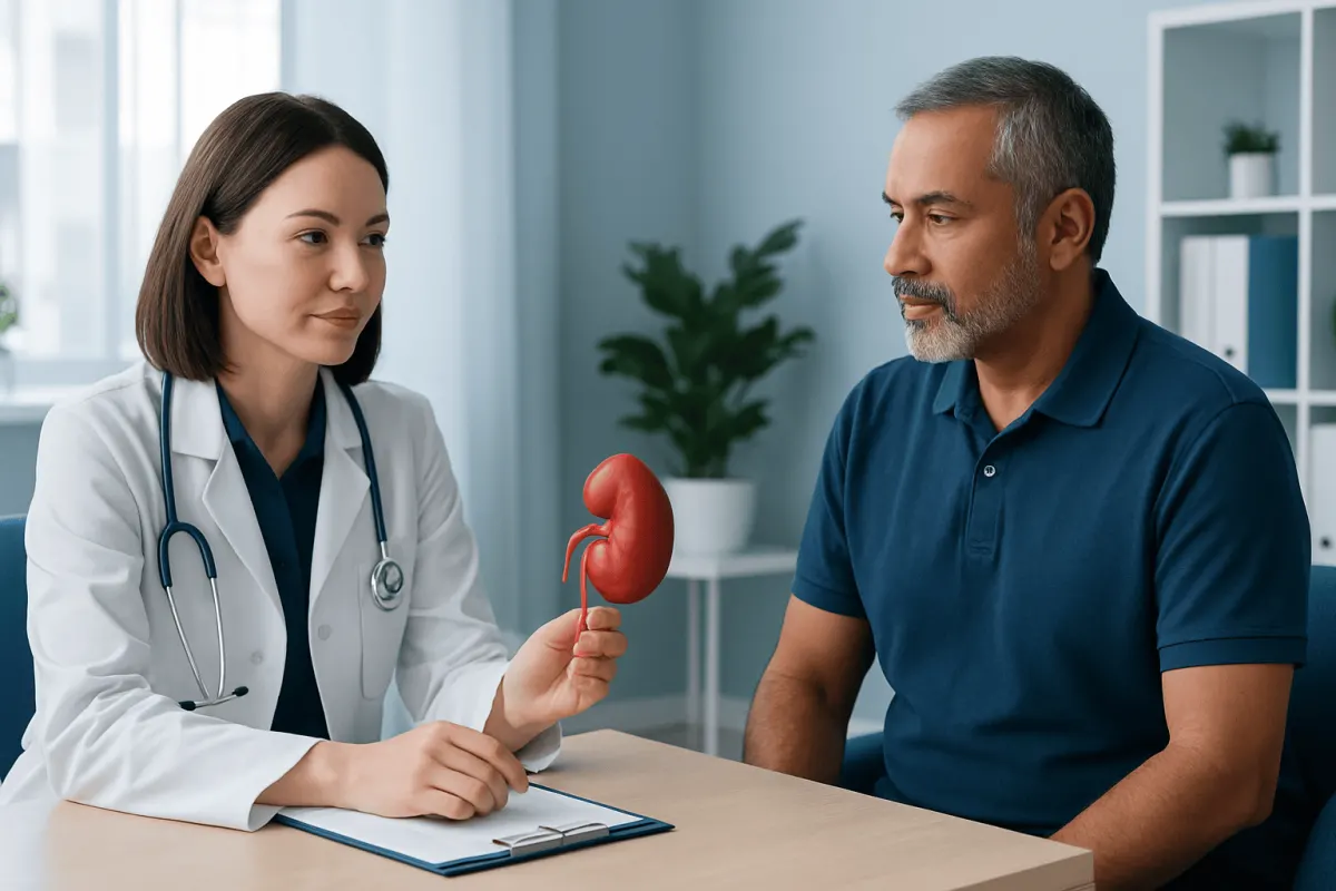 Doctor explaining kidney health to patient with kidney model in clinic.