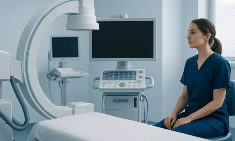 Medical professional sitting in a modern hospital imaging room with advanced equipment.