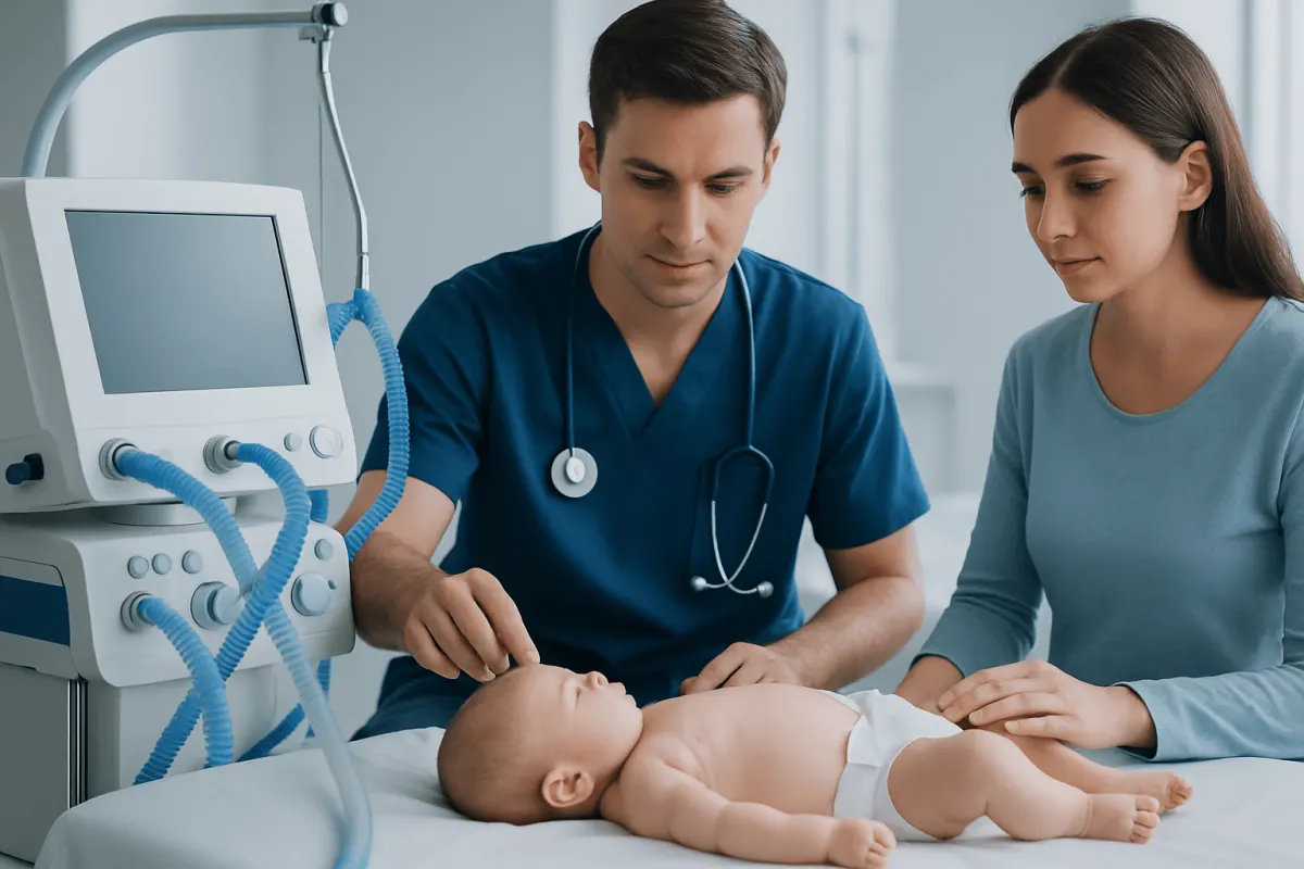 Pediatrician examining a baby in a hospital setting with medical equipment nearby.
