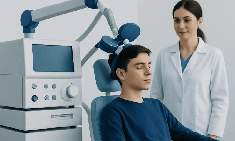 Young patient undergoing neurofeedback therapy for ADHD at a hospital.