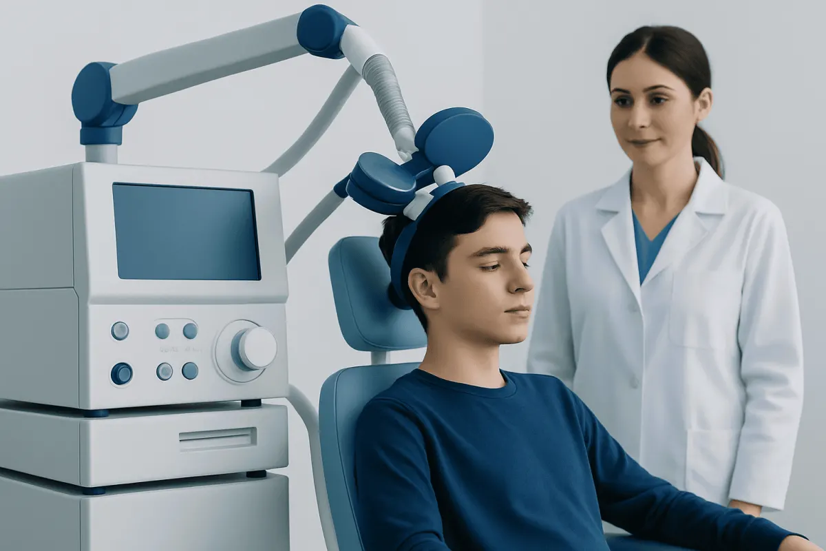 Young patient undergoing neurofeedback therapy for ADHD at a hospital.