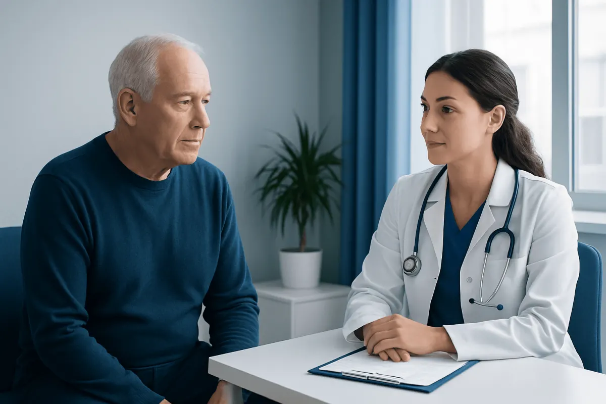 Doctor consulting with an elderly male patient in a hospital room.