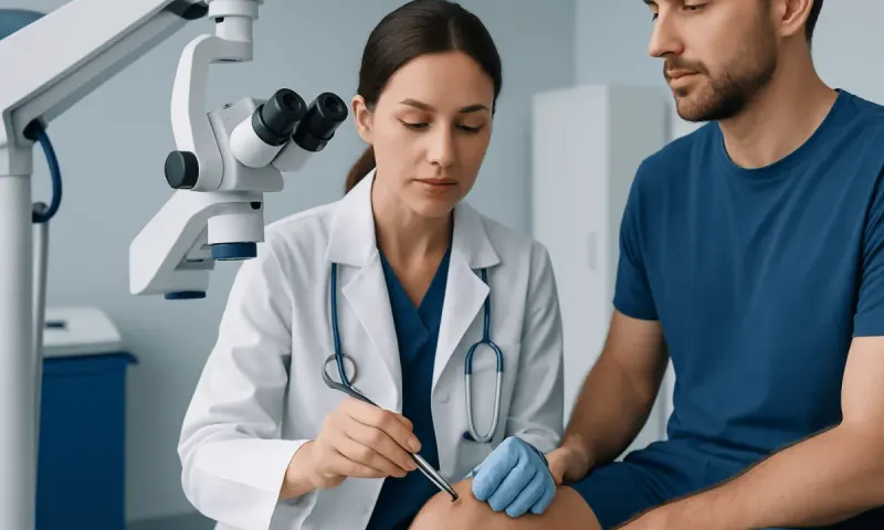 Doctor performing a tick removal procedure on a patient in a medical clinic.