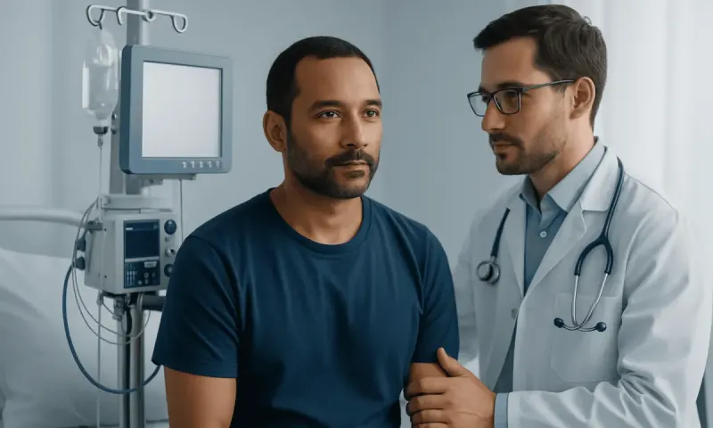 Doctor consulting male patient in hospital room with medical equipment.