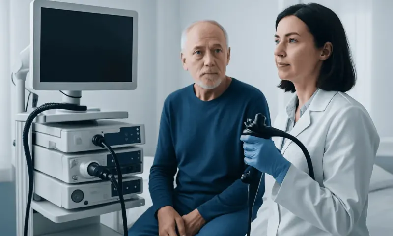 Doctor explaining colonoscopy procedure to an elderly male patient in a hospital.