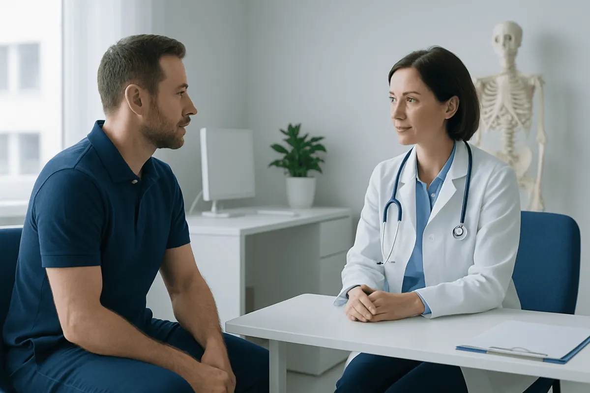 Doctor consulting with a patient in a modern medical office setting.