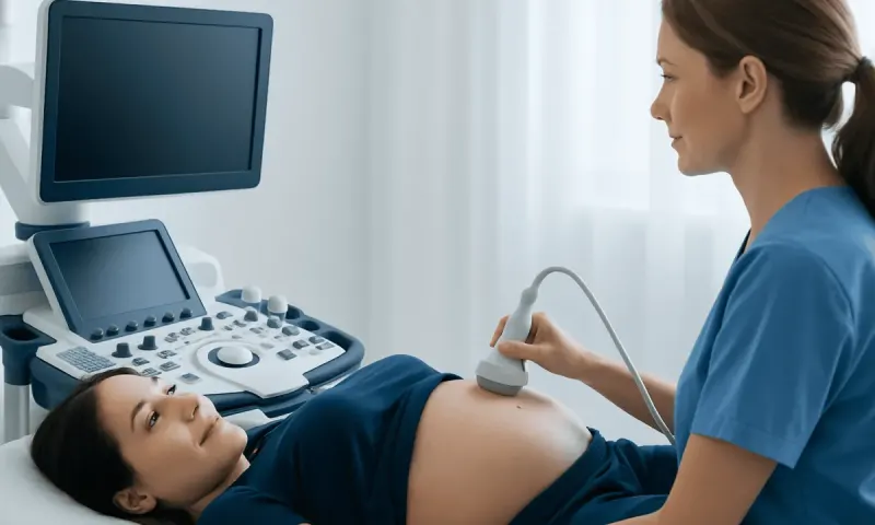 Pregnant woman undergoing ultrasound scan in a medical clinic.