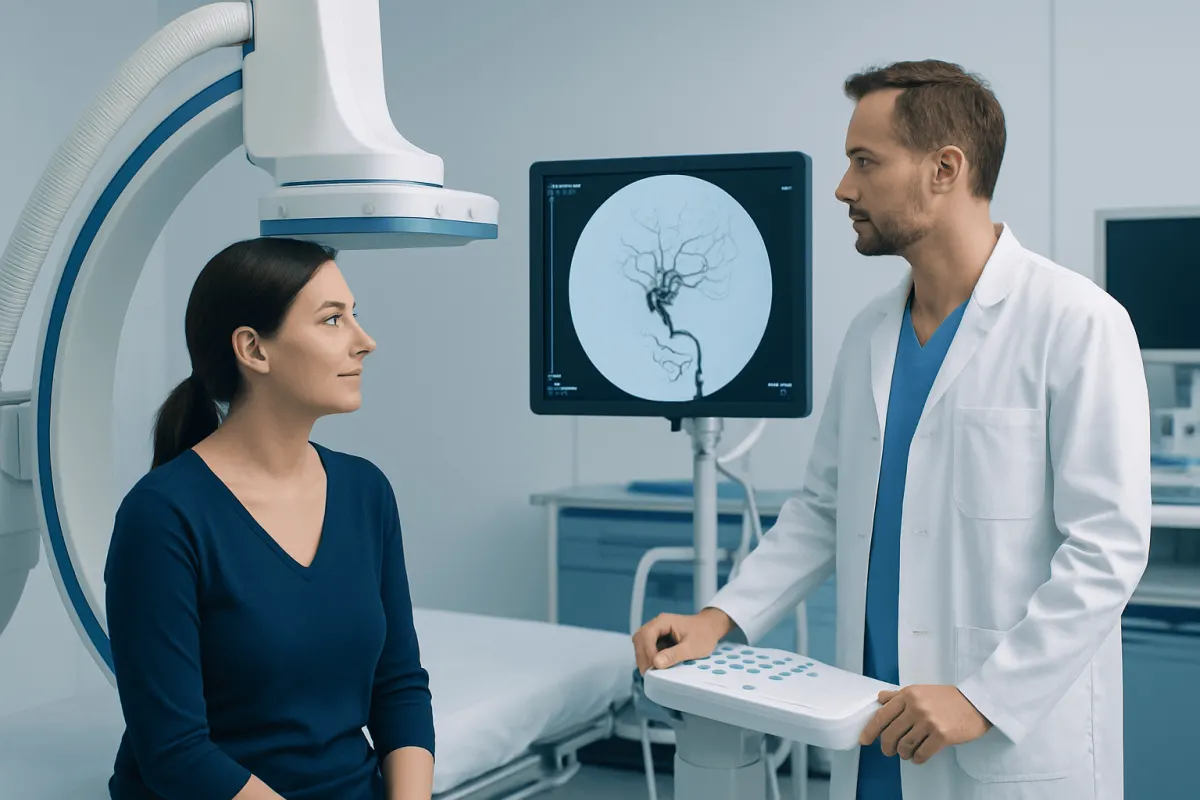 Doctor explaining brain angiogram to patient in hospital setting.