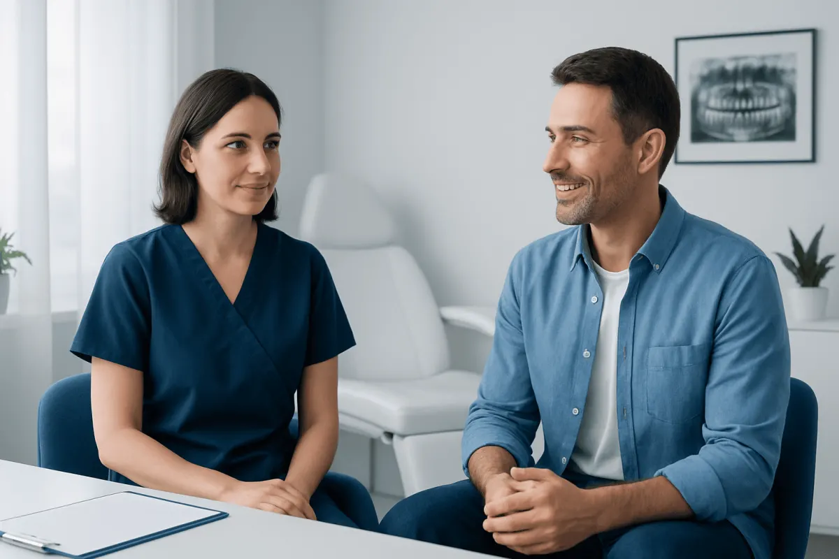 Dentist and patient having consultation in a modern clinic.