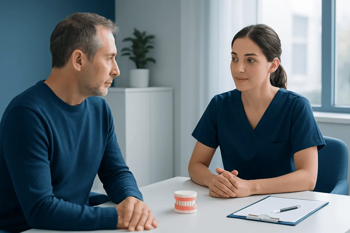 Dentist consulting with patient about Invisalign treatment options.