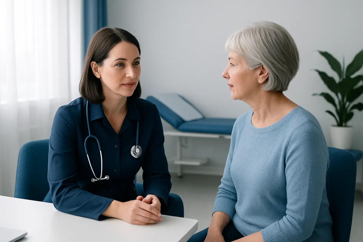 Doctor consulting with an elderly female patient in a medical office.