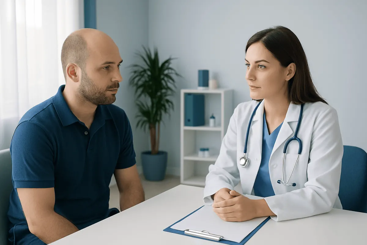 Doctor consulting with a male patient in a medical office setting.