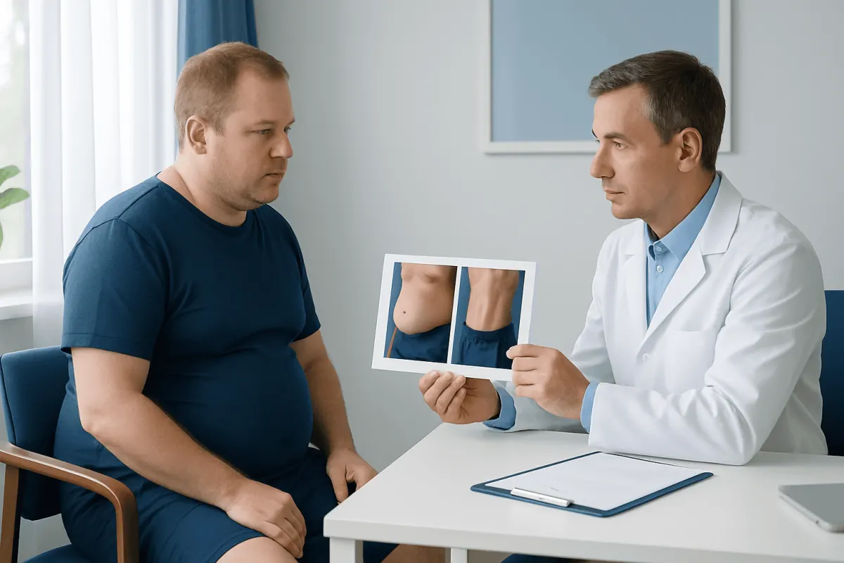 Doctor showing before and after tummy tuck photos to male patient.
