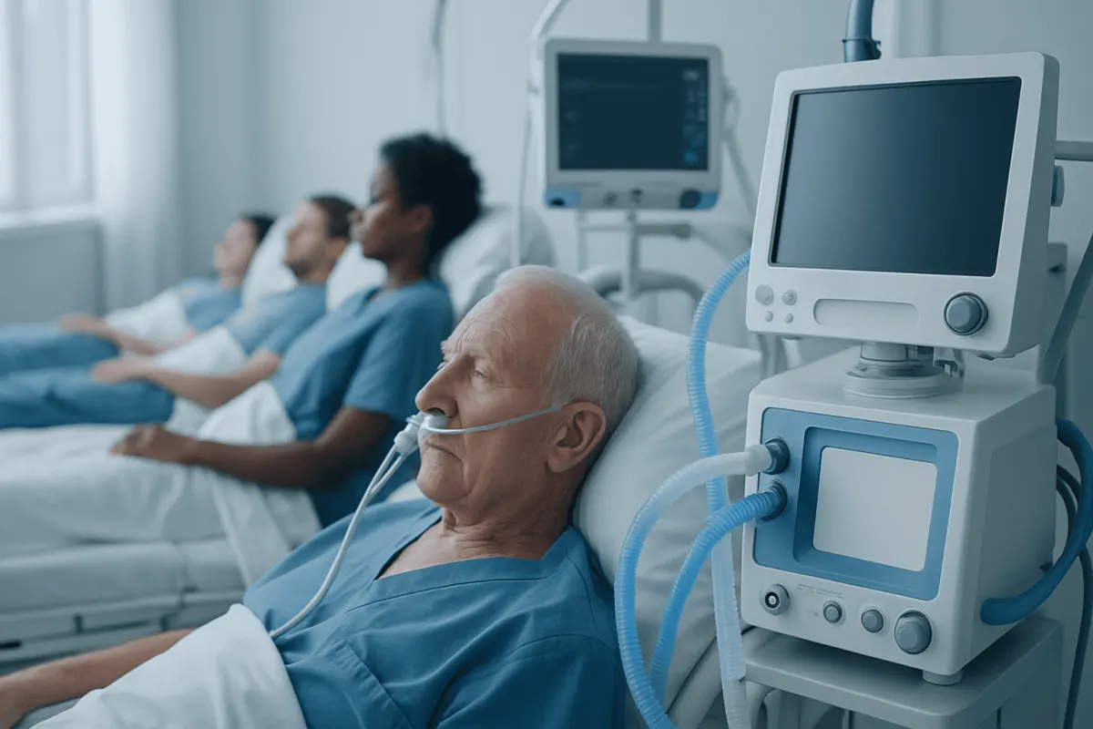 Elderly patient in hospital bed with ventilator and medical monitors.
