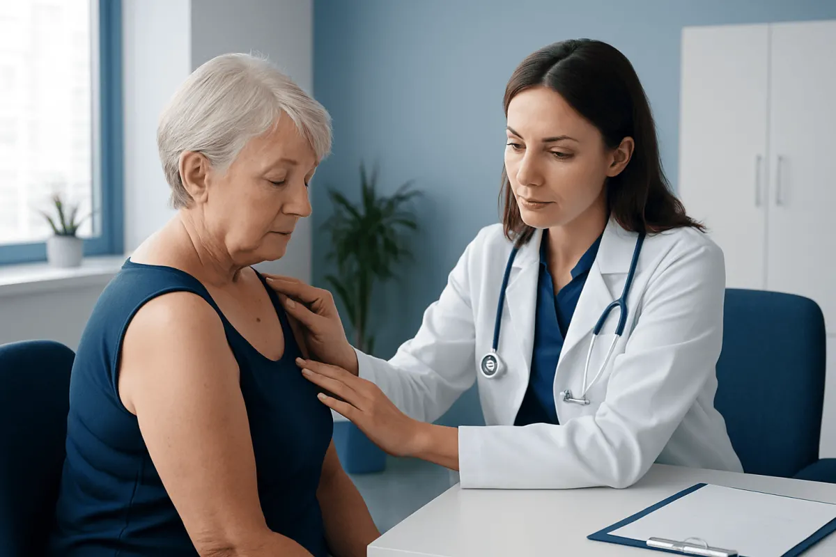 Doctor examining an elderly woman's shoulder in a medical consultation.