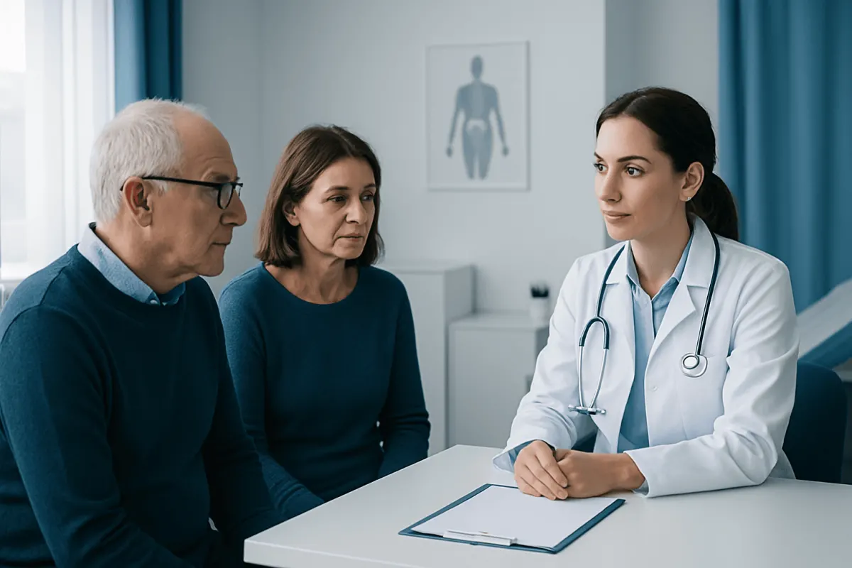 Doctor consulting with middle-aged patients in a medical office setting.