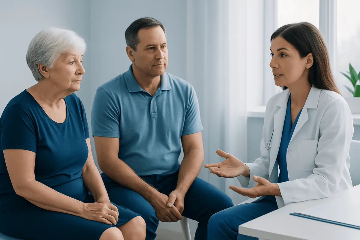 Doctor explaining varicose vein causes to middle-aged patients in consultation room.