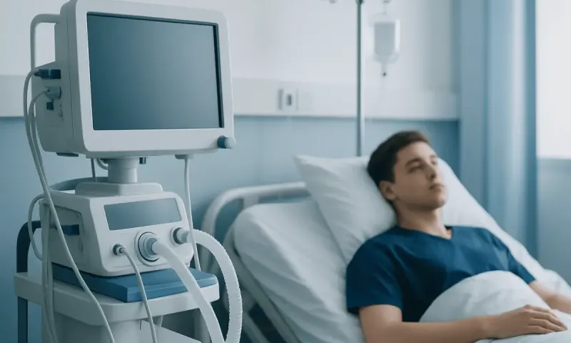 Young male patient in hospital bed with medical monitor nearby.