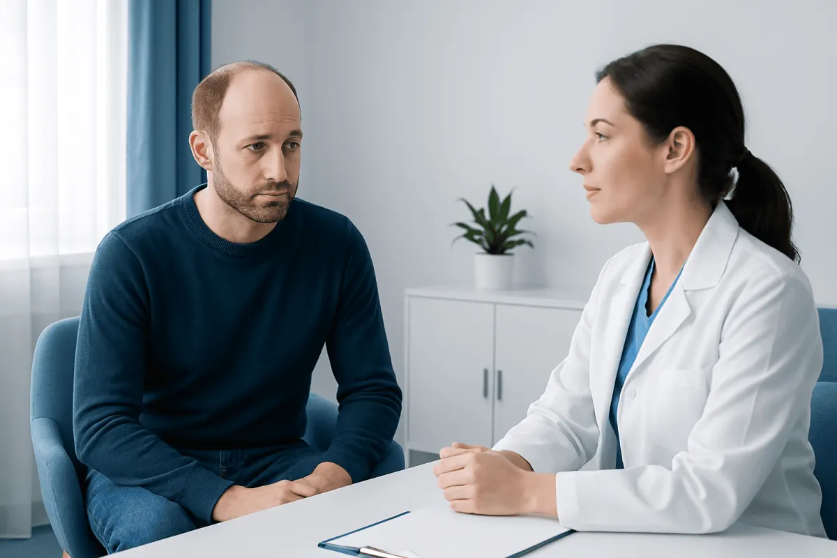 Consultation between a patient and a doctor about hair transplant options.