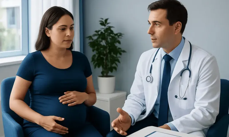 Pregnant woman consulting with a doctor in a medical office.