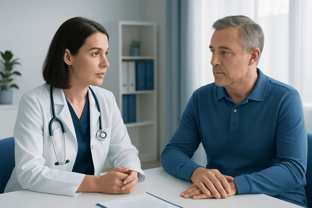 Doctor consulting with a male patient in a medical office setting.