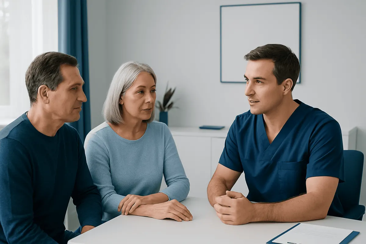 Dentist consulting with a patient and her family in a clinic setting.