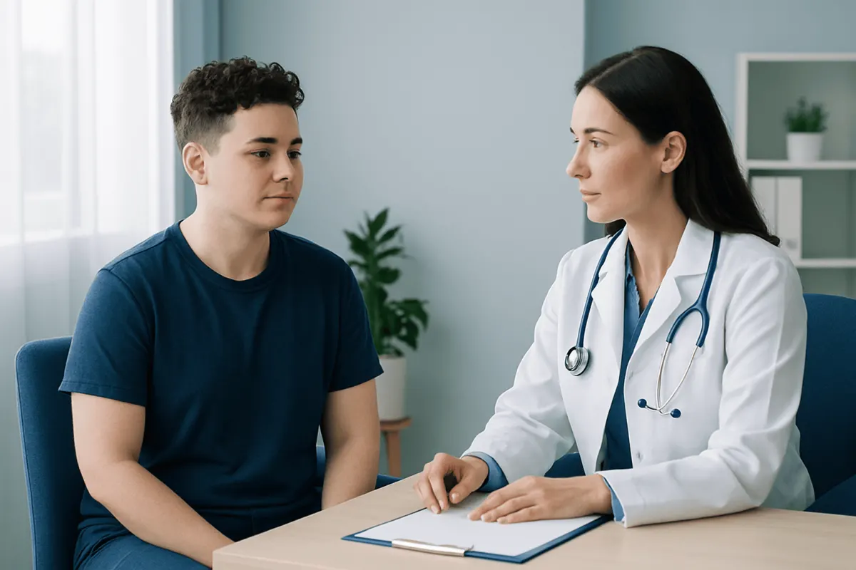 Doctor consulting with a young patient in a medical office setting.