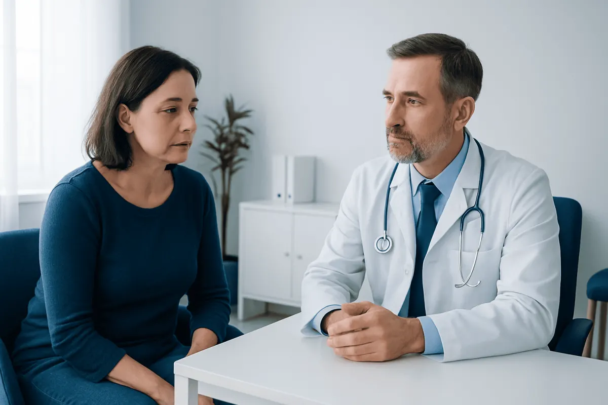 Doctor consulting with a female patient in a medical office setting.