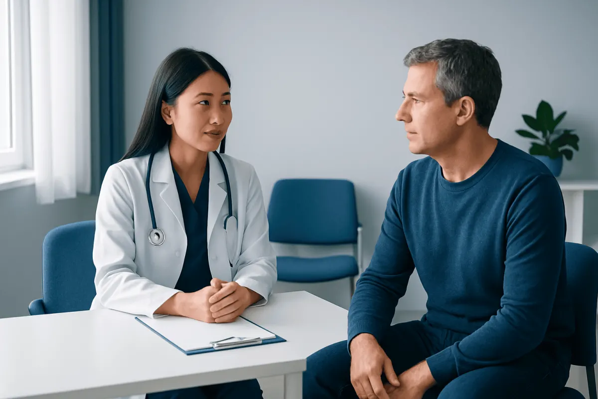 Doctor consulting with a male patient in a medical office setting.