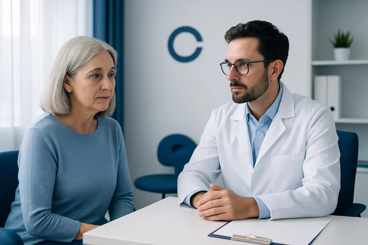 Doctor consulting with an elderly woman in a medical office setting.