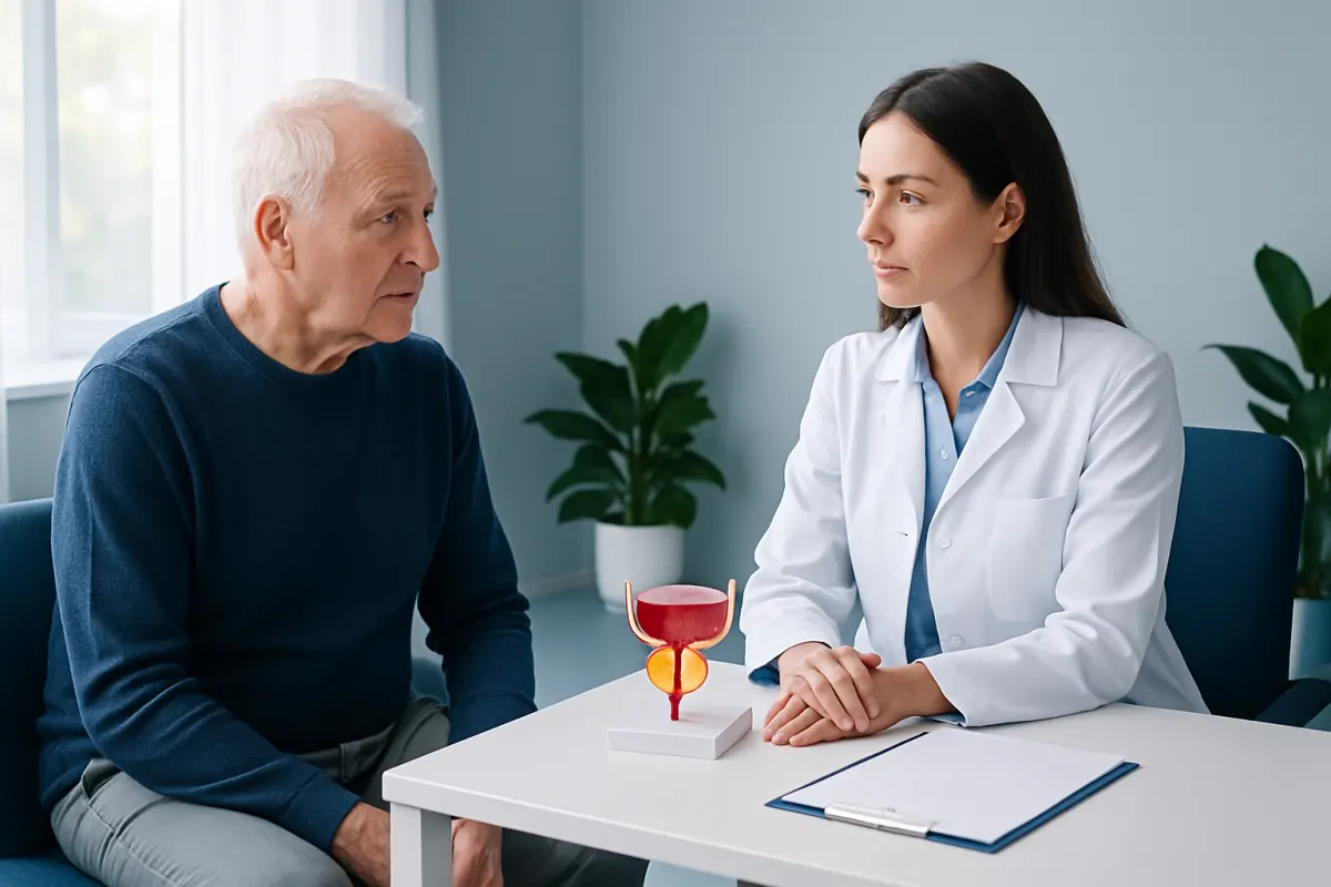 Urologist consulting elderly male patient about prostate health treatment options.