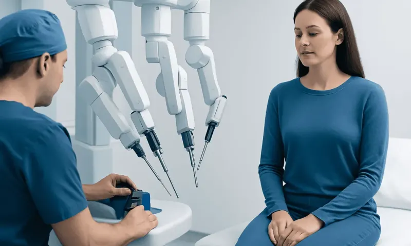 Robotic surgical system performing minimally invasive procedure on a female patient.
