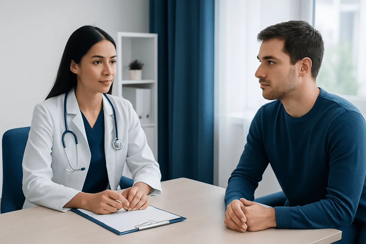 Doctor consulting with a patient in a modern clinic setting.
