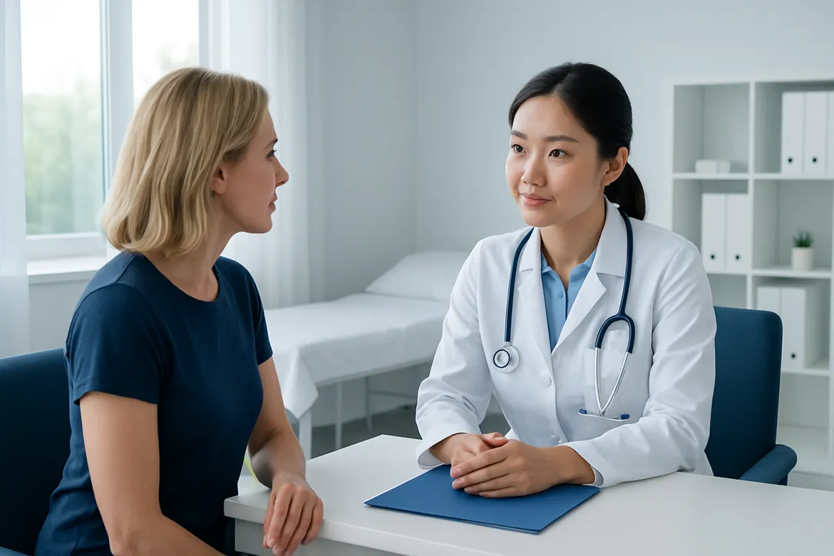 Doctor consulting with a female patient in a modern clinic setting.