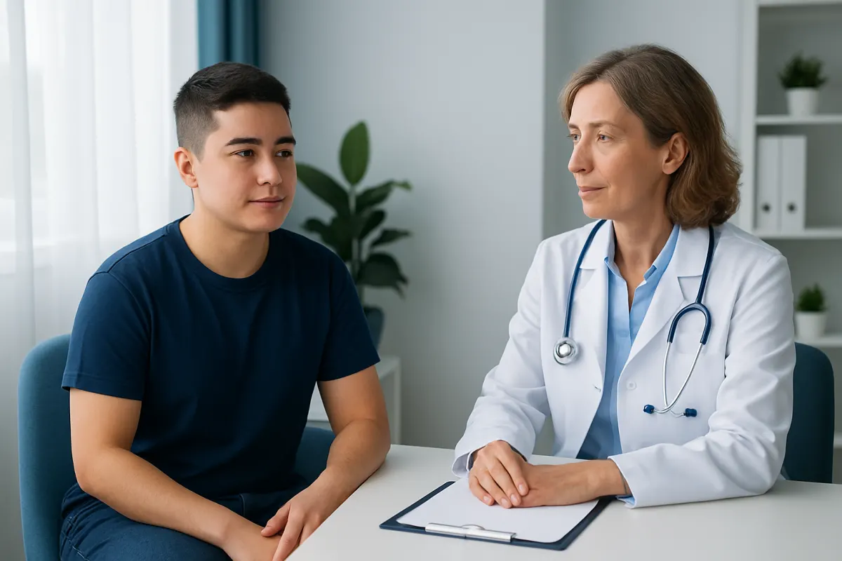 Doctor consulting with a young male patient in a medical office.