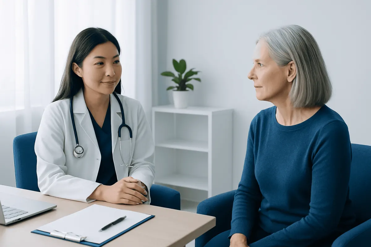 Doctor consulting with an elderly female patient in a medical office.