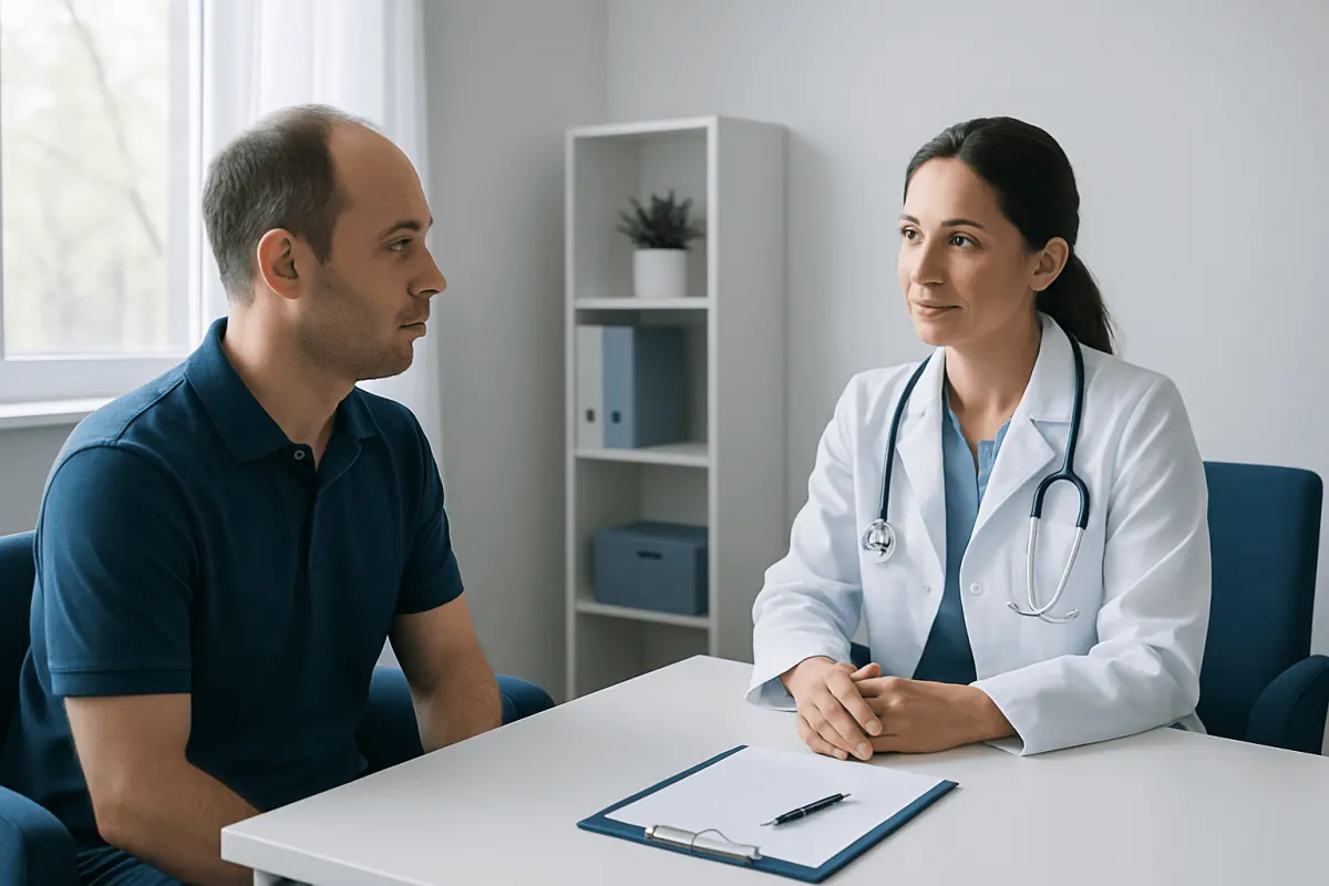 Doctor consulting with male patient in a modern clinic setting.