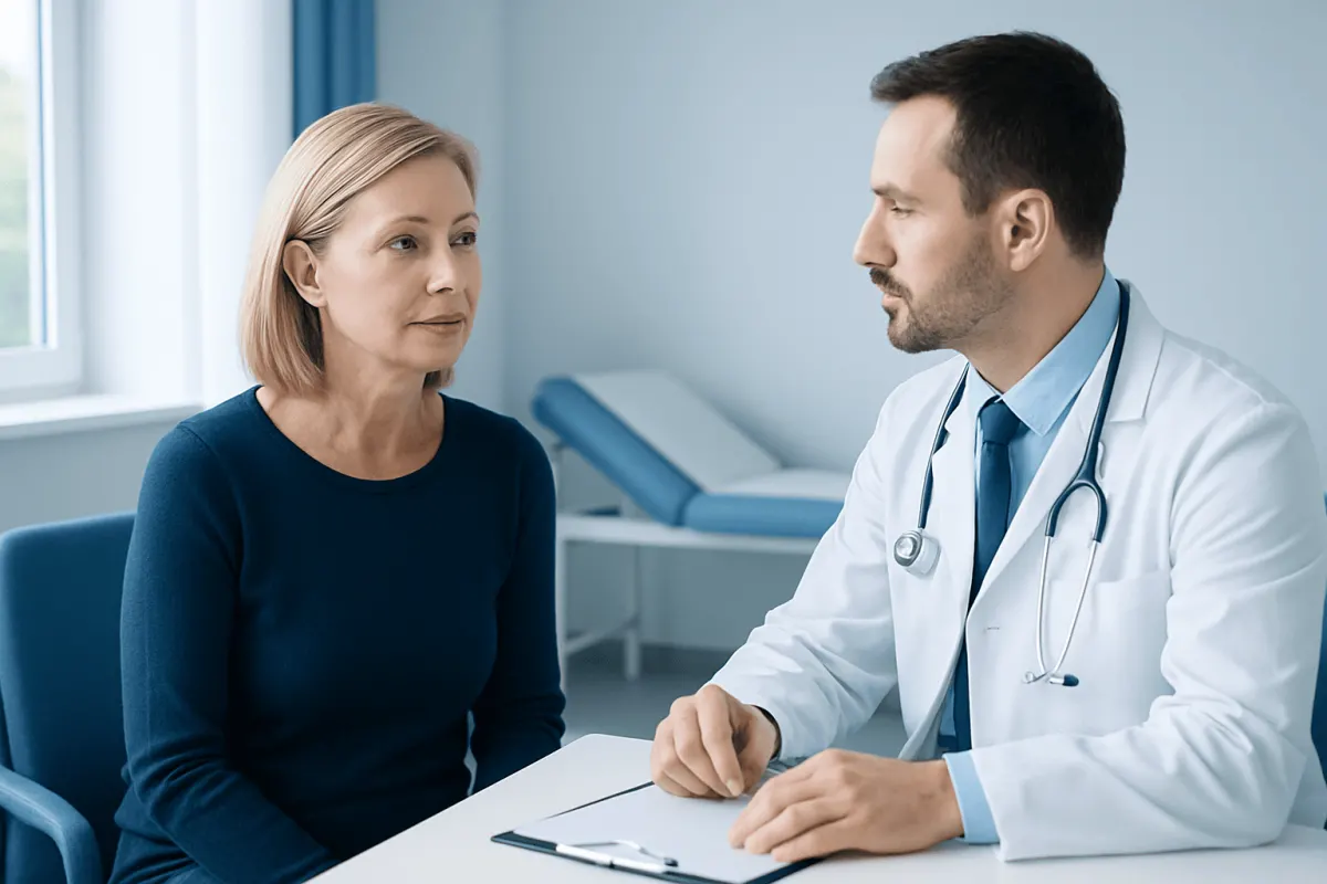 Doctor consulting with middle-aged woman in a medical office setting.