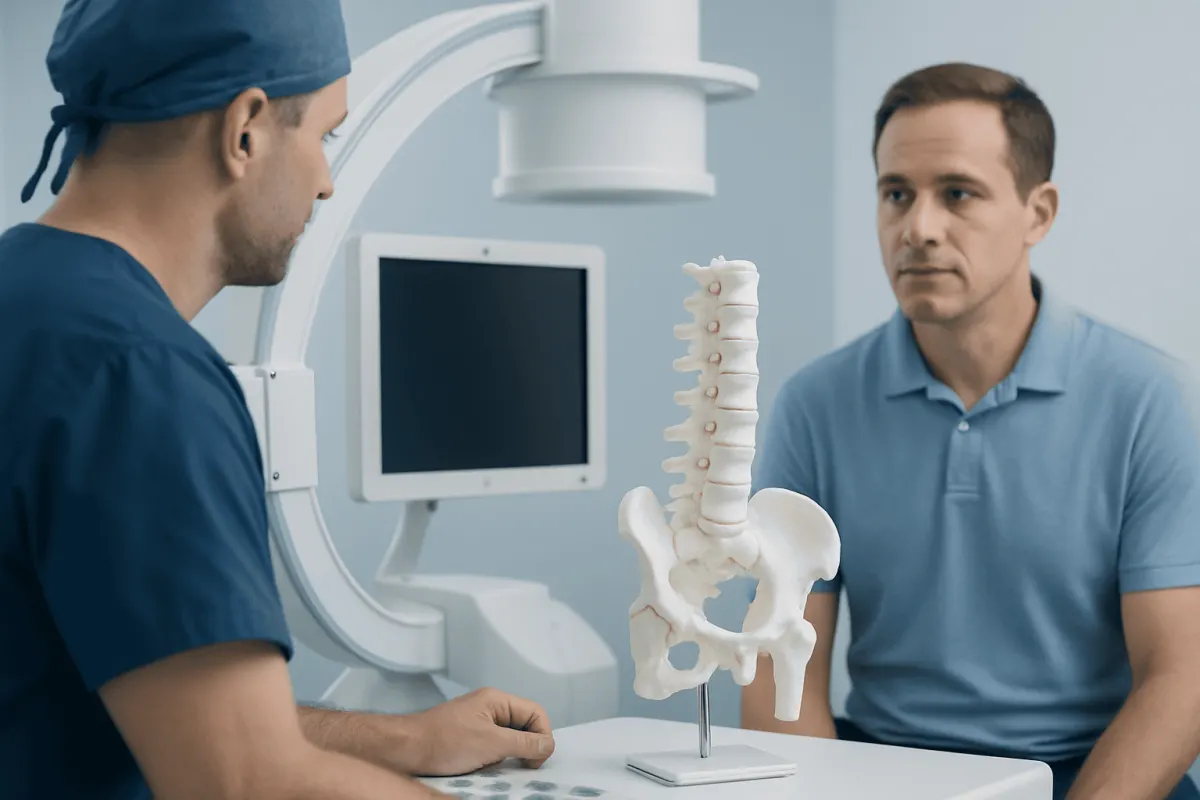 Doctor explaining spinal anatomy to patient in medical consultation room.