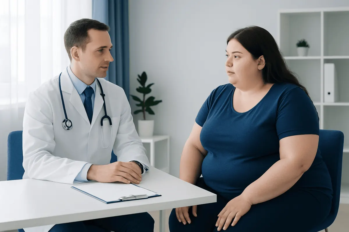 Doctor consulting with a patient about laparoscopic gastric bypass surgery.
