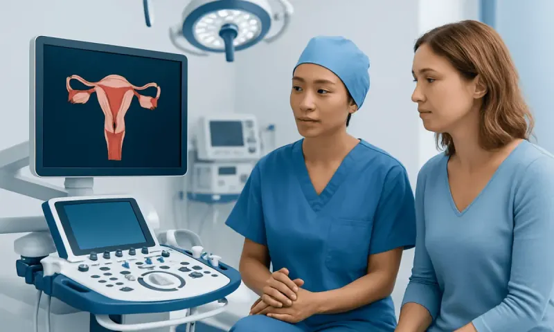 Medical professionals discussing uterine health in a hospital setting.