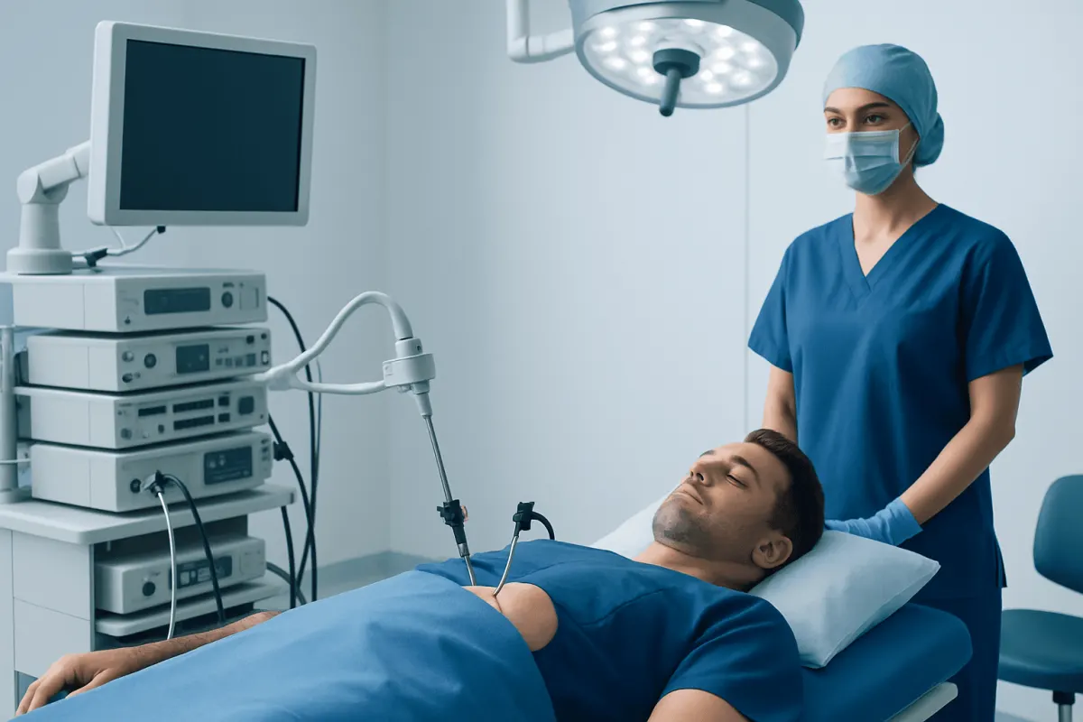 Surgeon preparing for sleeve stomach surgery in a modern operating room.